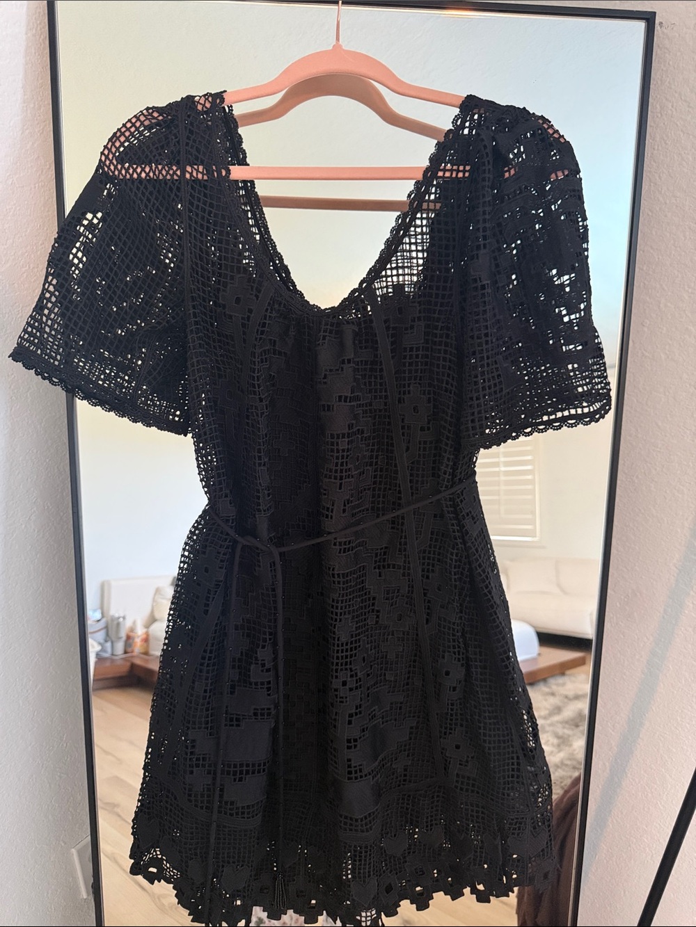 FARM Rio Black Crochet Mini Dress with Puff Sleeves